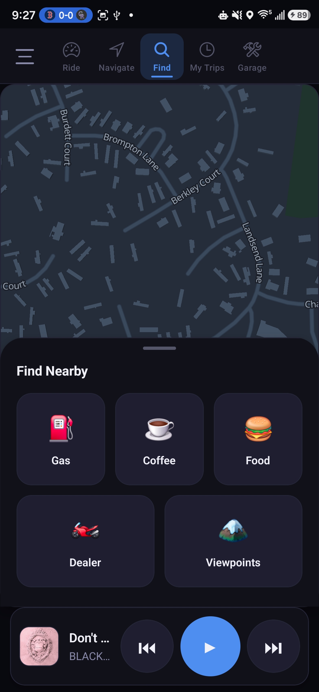 Find Nearby tab with Gas, Coffee, Food, Dealer and Viewpoints search grid