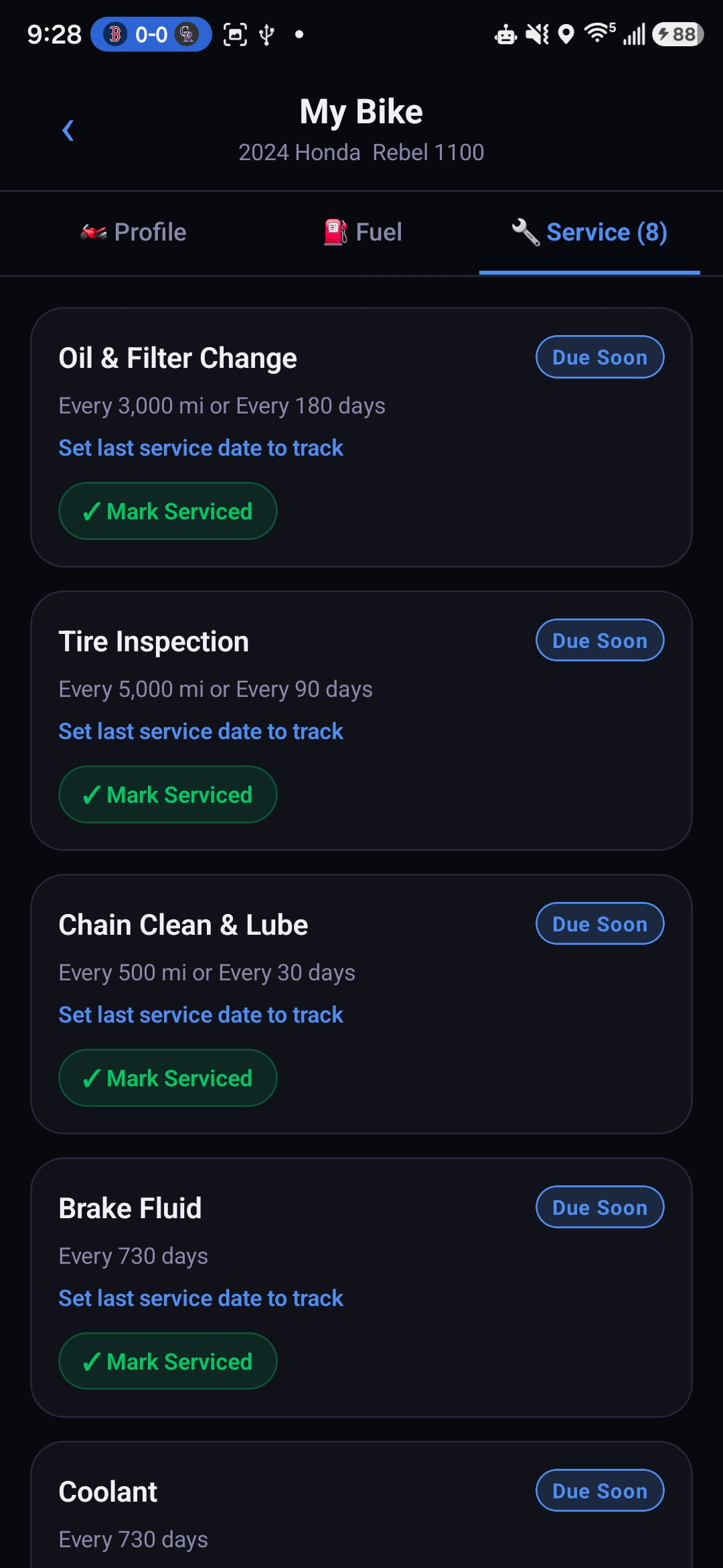 Garage maintenance tracker showing service items and due dates
