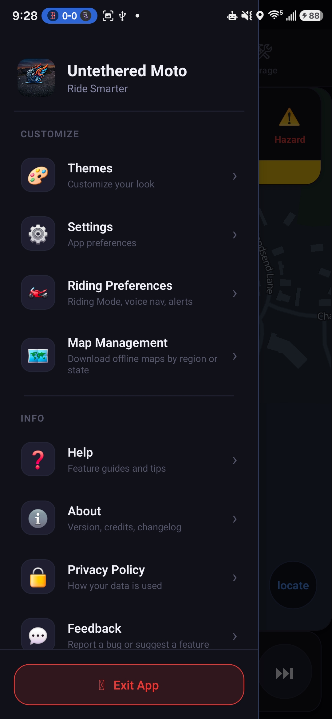 Hamburger menu open showing Themes, Settings, Riding Preferences and Map Management