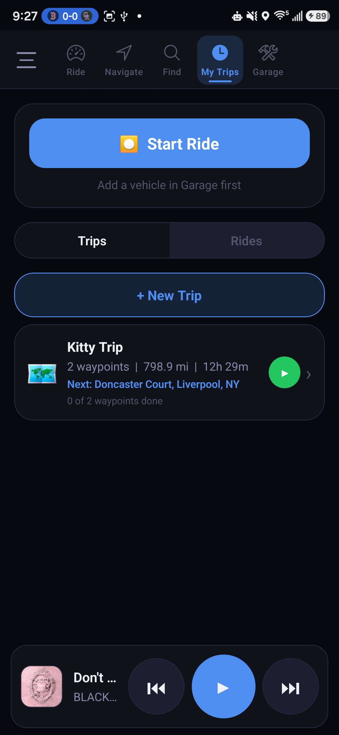 My Trips tab showing saved trip with route and waypoints
