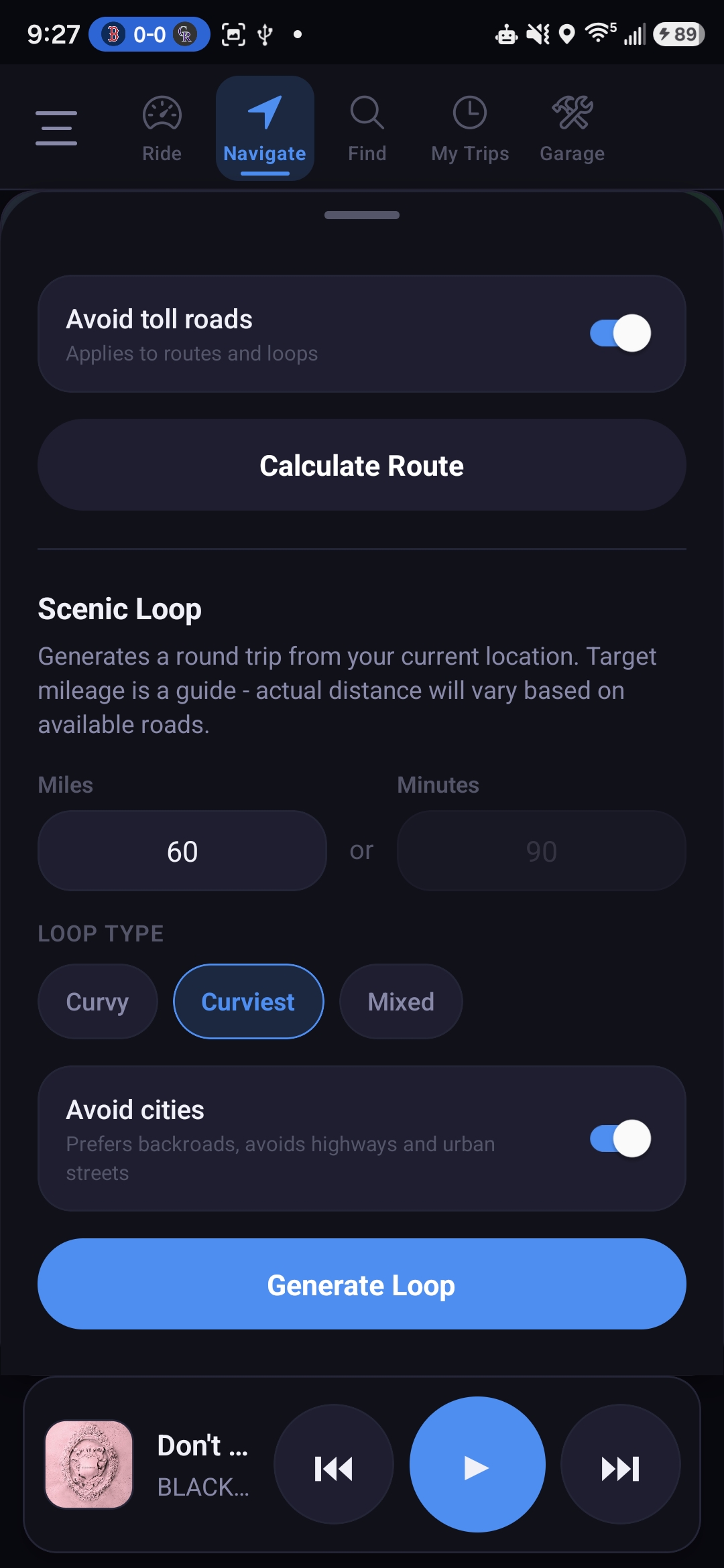Navigate tab showing route planner with route type chips and destination search
