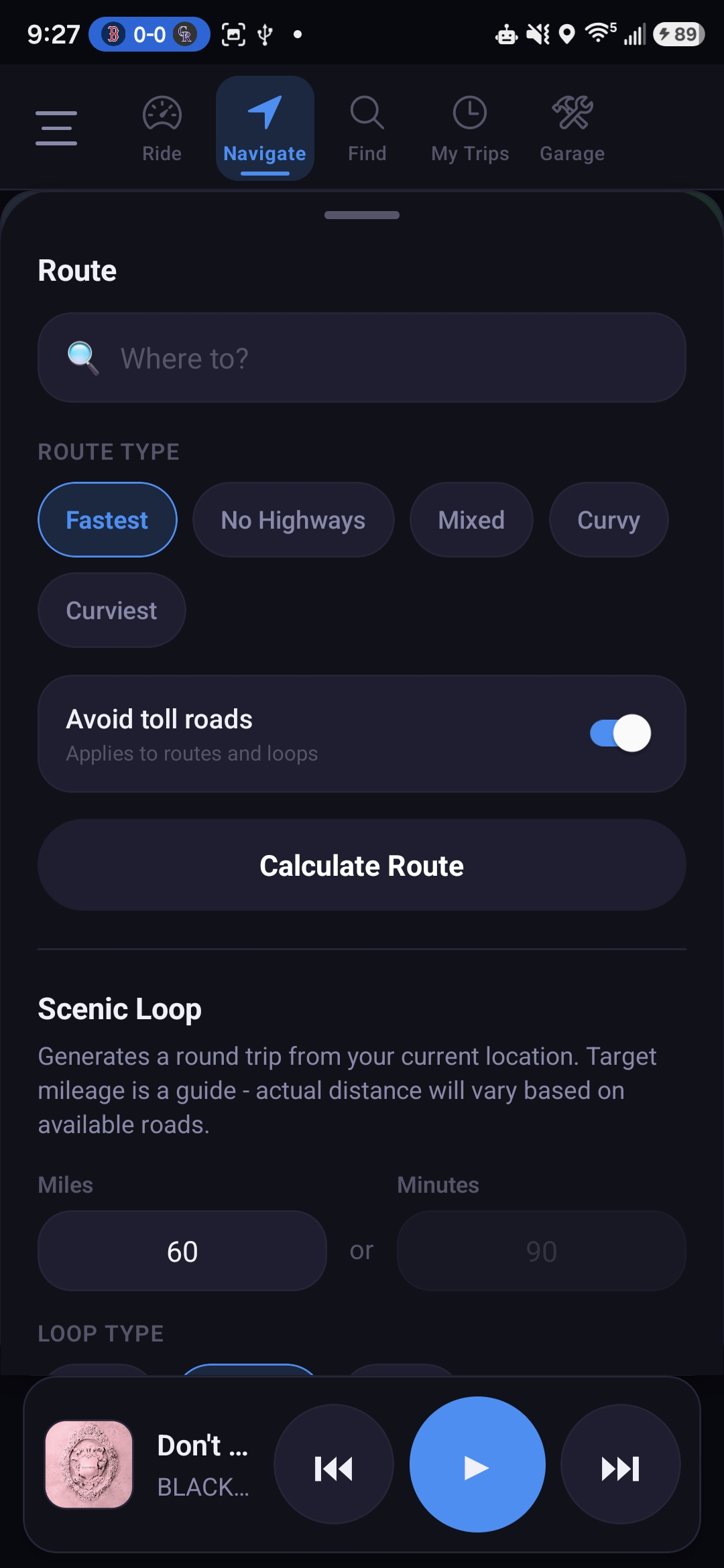 Scenic loop generator with miles, minutes, loop type and avoid cities toggle